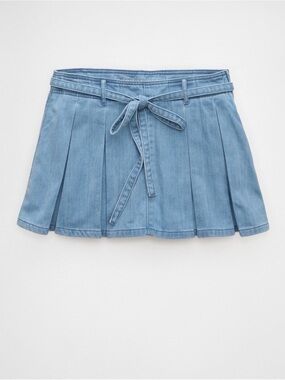 American Eagle Outfitters Light Blue Denim Pleated Mini Skirt with Tie